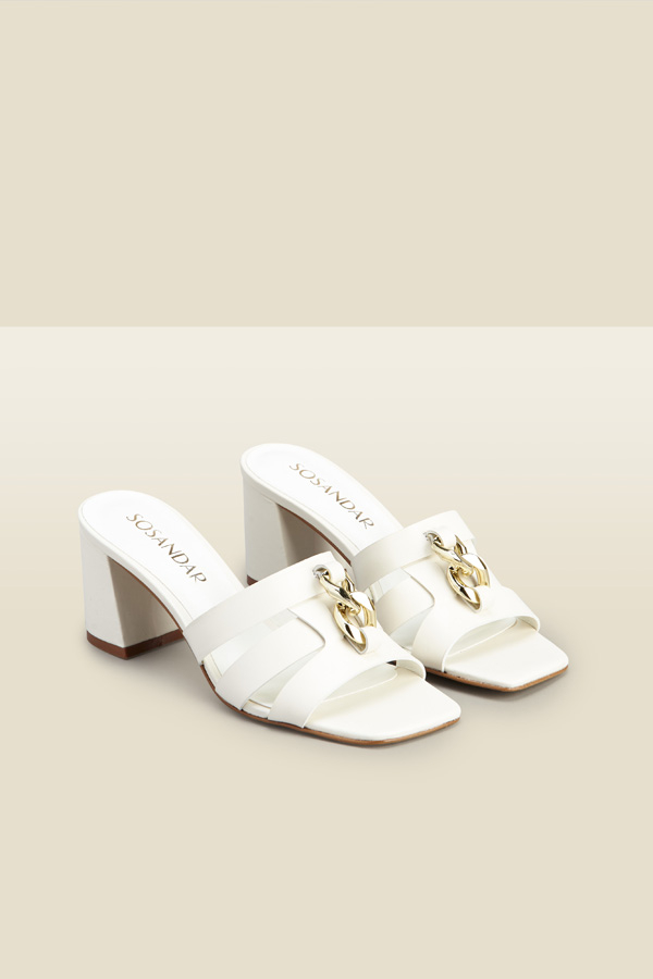 Leia White Leather Block Heel Chain Detail Mules