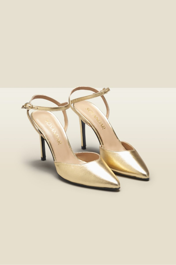 Cosmic Gold Leather Strap Point Heel Shoe