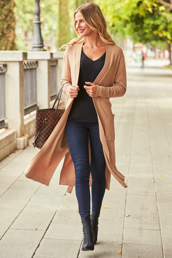 Camel Longline Belted Cardigan With Pockets