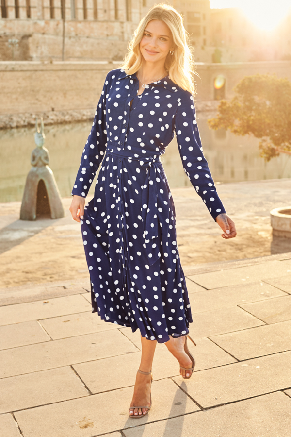 Navy Blue & White Spot Print Belted Midi Shirt Dress