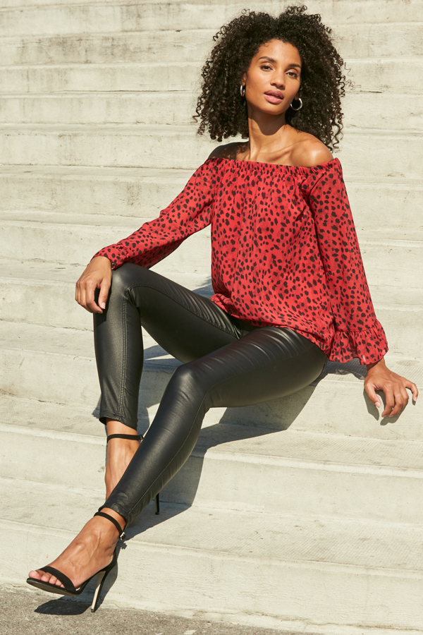 Red & Black Animal Print Sheer Sleeve Bardot Top