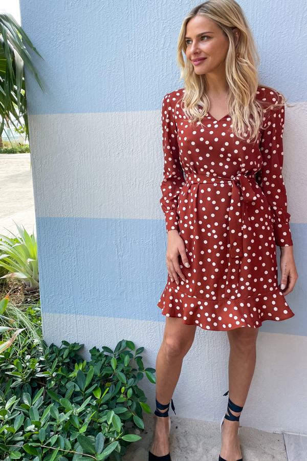 Tuscan Red Polka Dot Belted Shift Dress