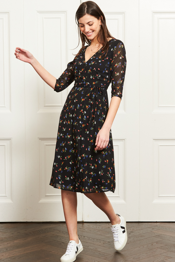 Black Ditsy Floral Midi Wrap Dress