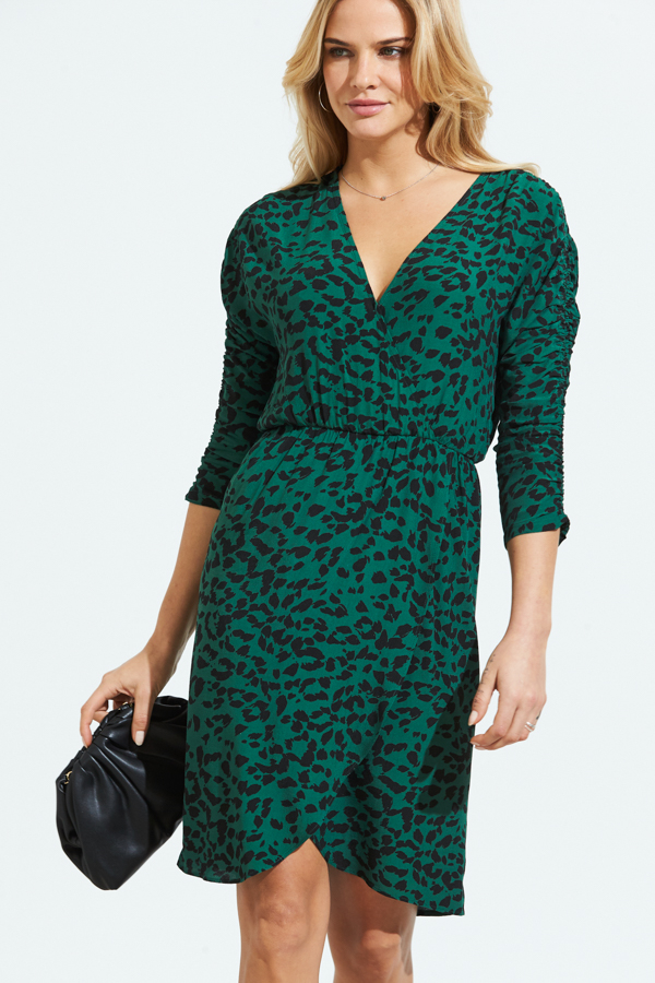 Green Leopard Print Faux Wrap Dress