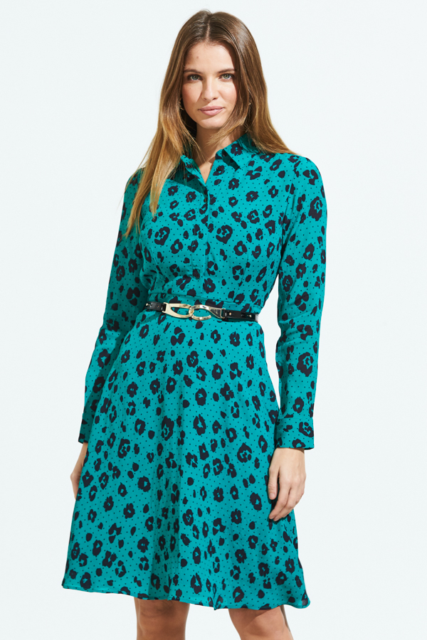 Green & Black Leopard Print Fit & Flare Shirt Dress