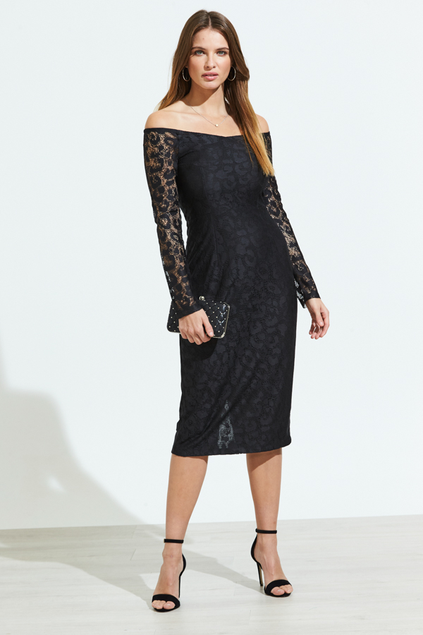 Black Lace Long Sleeve Bardot Midi Dress