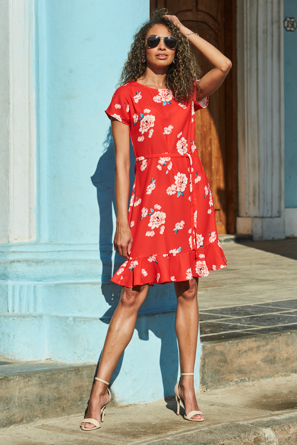 Red Floral Print Ruffle Hem Tie Waist Dress