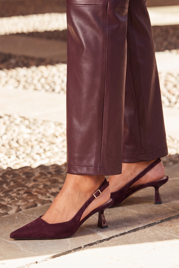 Burgundy Faux Suede Kitten Heel Slingback Court Shoes