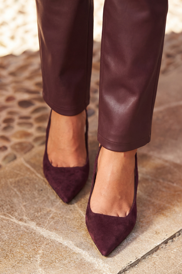 Burgundy Faux Suede Kitten Heel Slingback Court Shoes