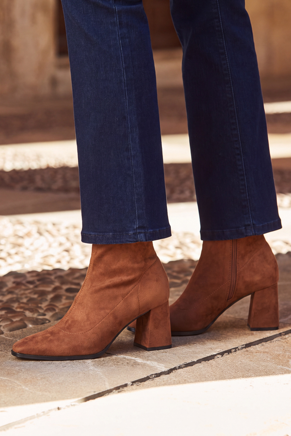 Tan Faux Suede Block Heel Ankle Boots