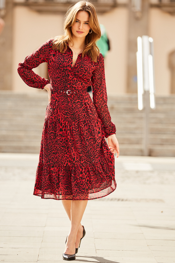 Red & Black Leopard Print Tiered Midi Shirt Dress