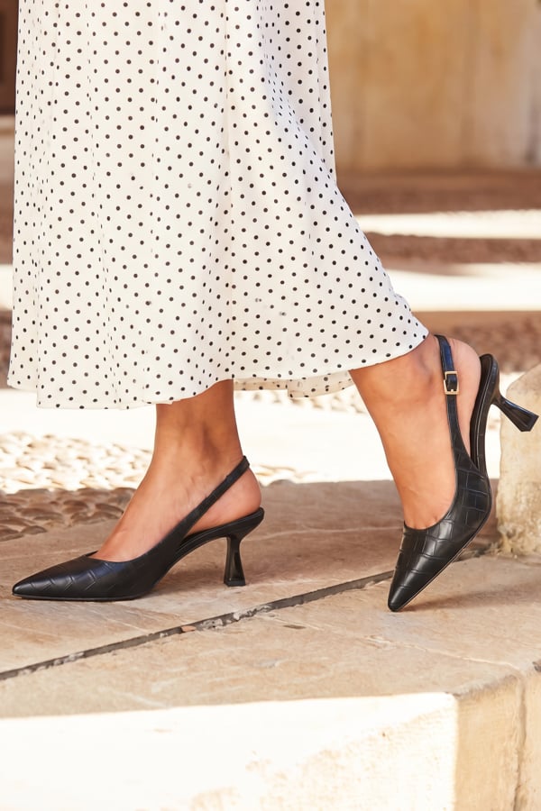Black Croc Slingback Low Flared Heel Court Shoes
