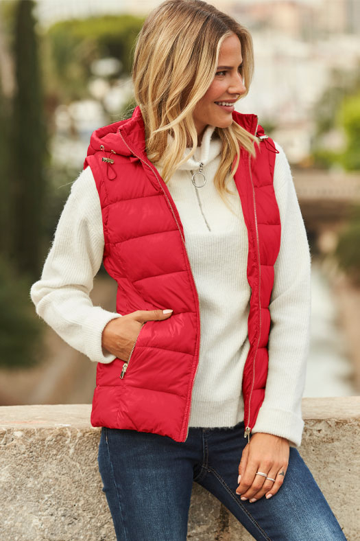Red Hooded Padded Gilet With Zip Pockets