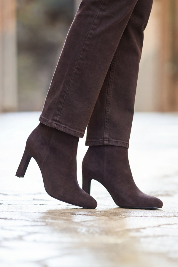 Chocolate Brown Faux Suede Thin Block Heel Ankle Boots