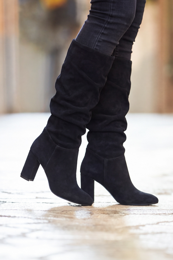 Black Suede Ruched Block Heel Knee High Boots