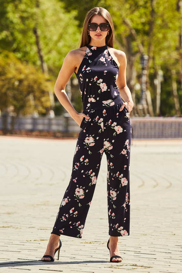 Navy Blue Floral Print Halter Neck Jumpsuit