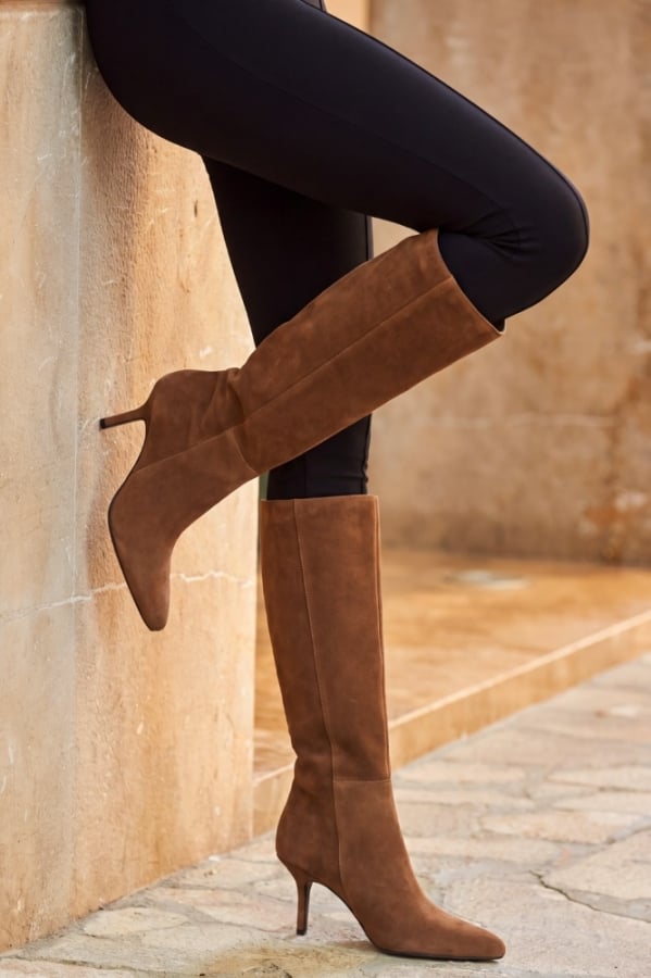 Tan Suede Stiletto Heel Knee High Boots
