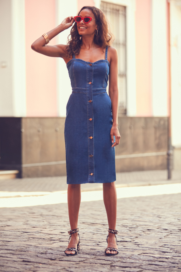 Mid Blue Button Front Denim Dress