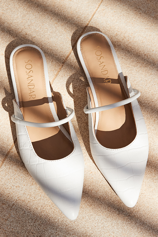 White Croc Leather Pointed Toe Strap Detail Flat Mules