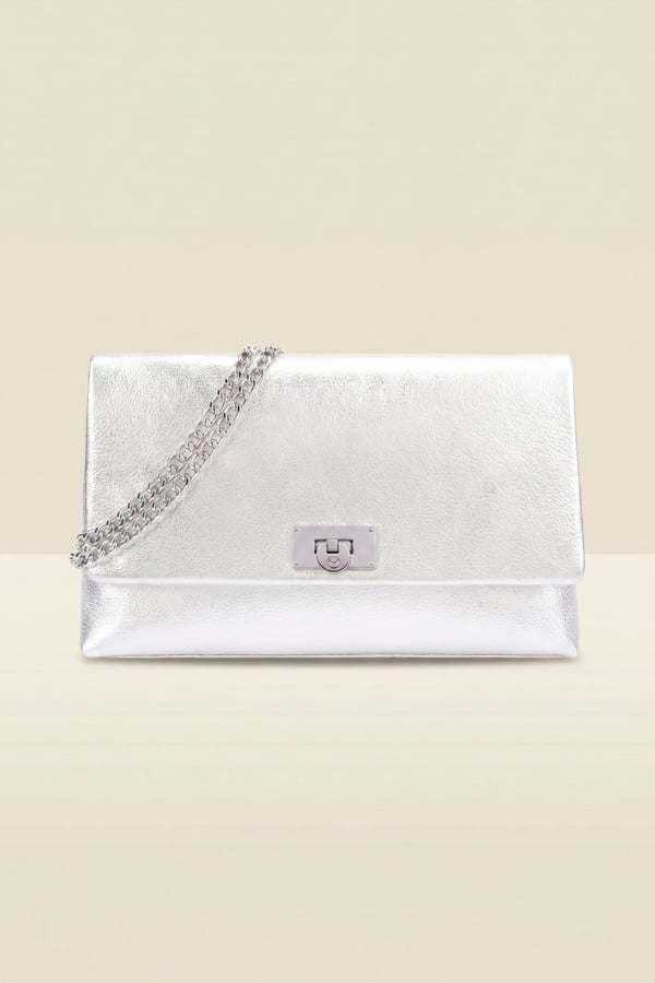 Silver Leather Large Clutch Bag