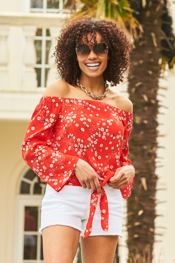 Red & White Daisy Print Tie Front Bardot Top