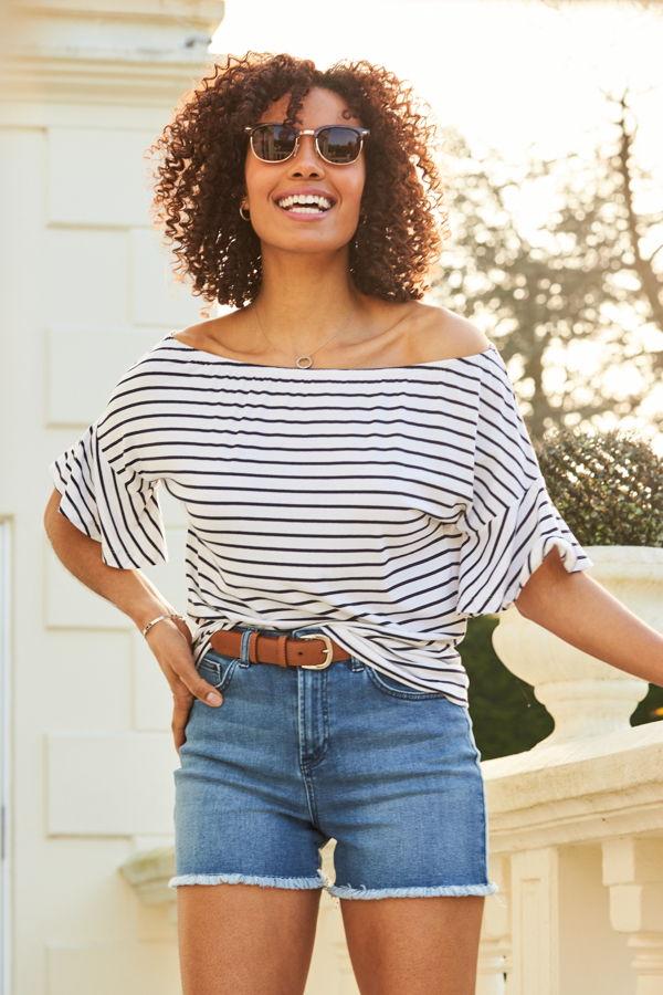 White & Black Stripe Fluted Sleeve Jersey Bardot Top