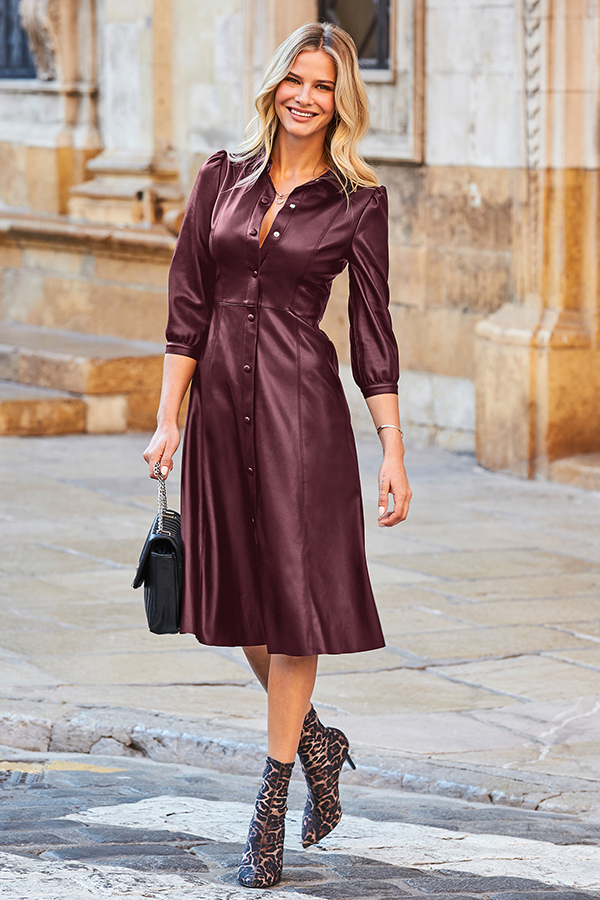 Burgundy Faux Leather Popper Front Shirt Dress