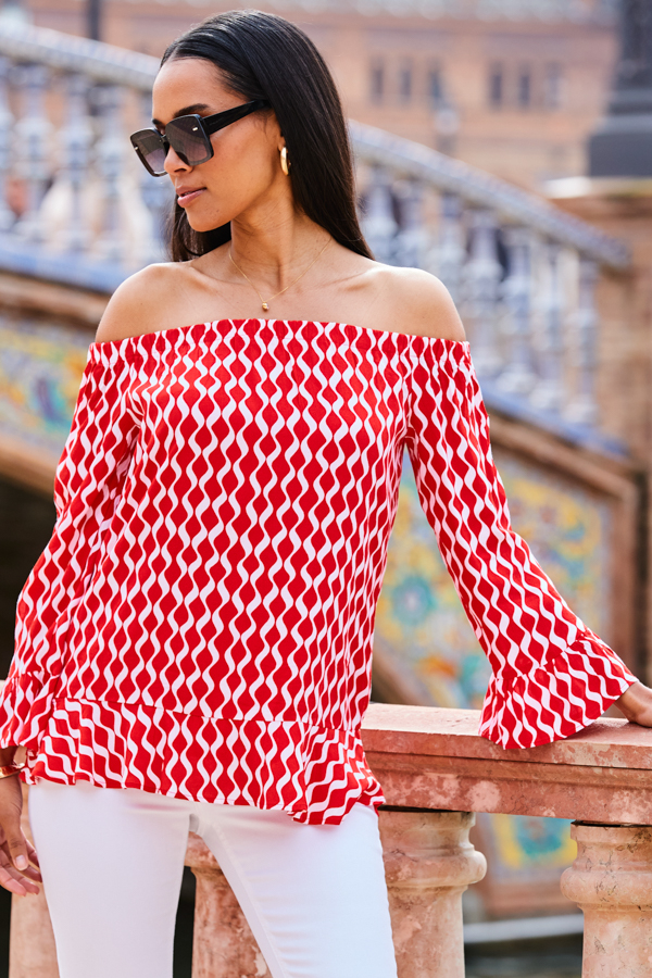 Red Geometric Print Bardot Ruffle Detail Top