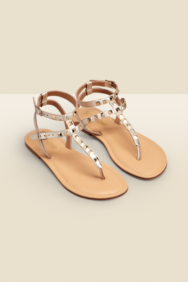 Sapphire Gold Studded Gladiator Leather Flat Sandals With Toe Post