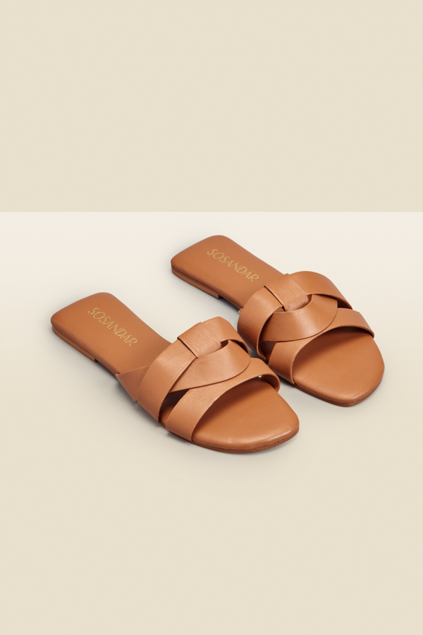 Amore Tan Leather Cross Strap Flat Mule Sandals