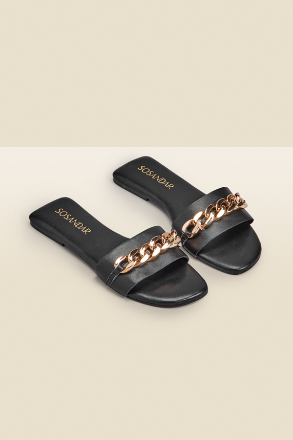 Paradiso Black Chain Detail Flat Leather Mule Sandals