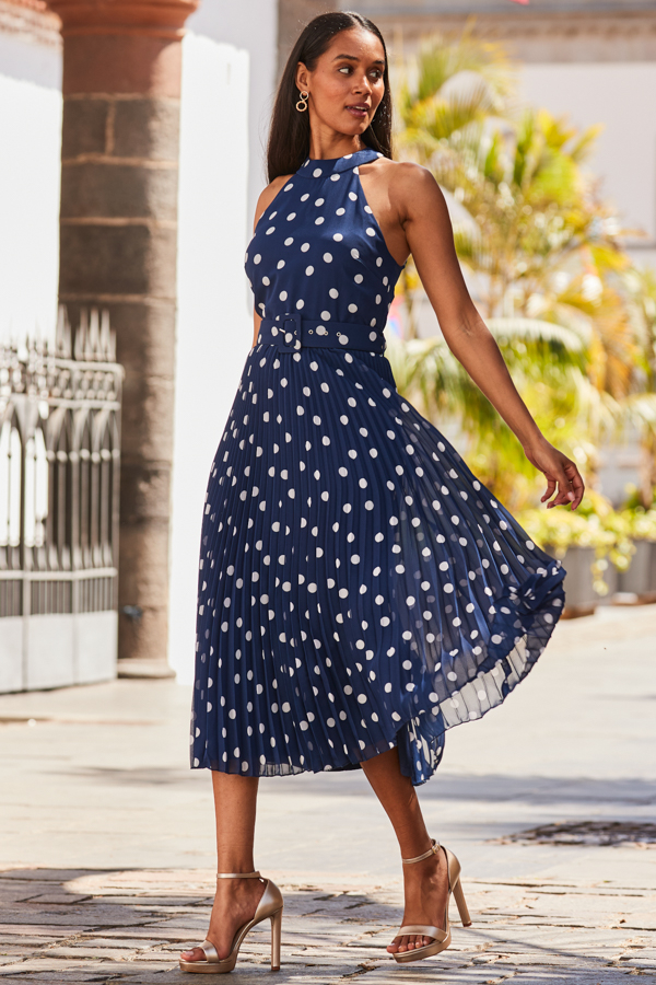Navy Blue & White Polka Dot Print Pleated Halter Neck Dress