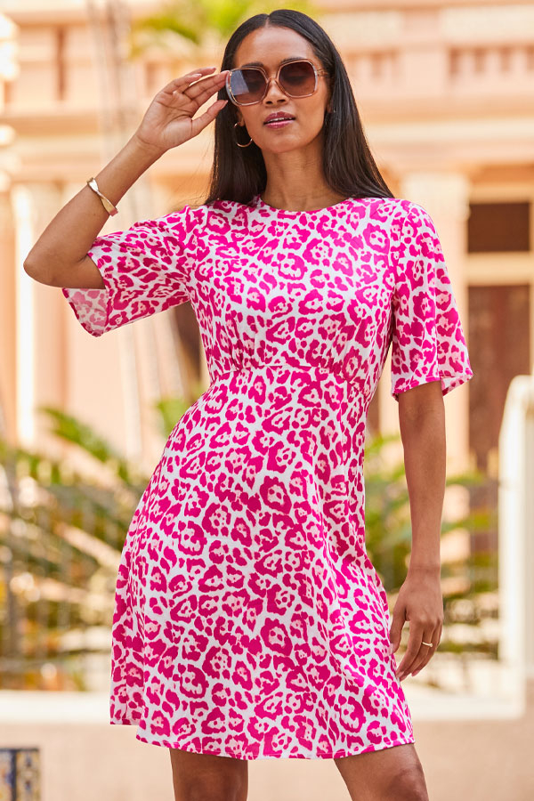 Pink Animal Print Fluted Sleeve Fit & Flare Dress