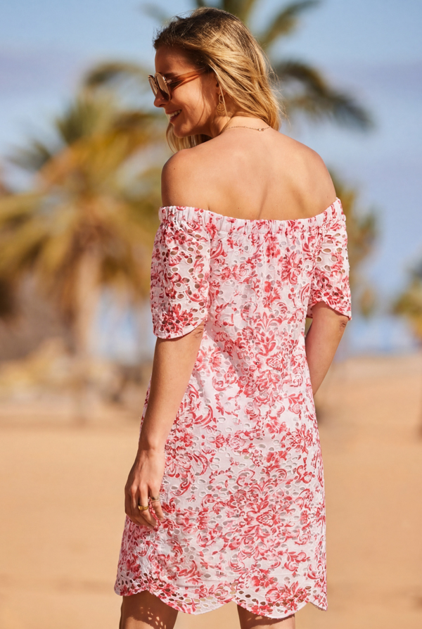 Pink & White Paisley Print Broderie Bardot Dress Pink & White Paisley Print Broderie Bardot Dress