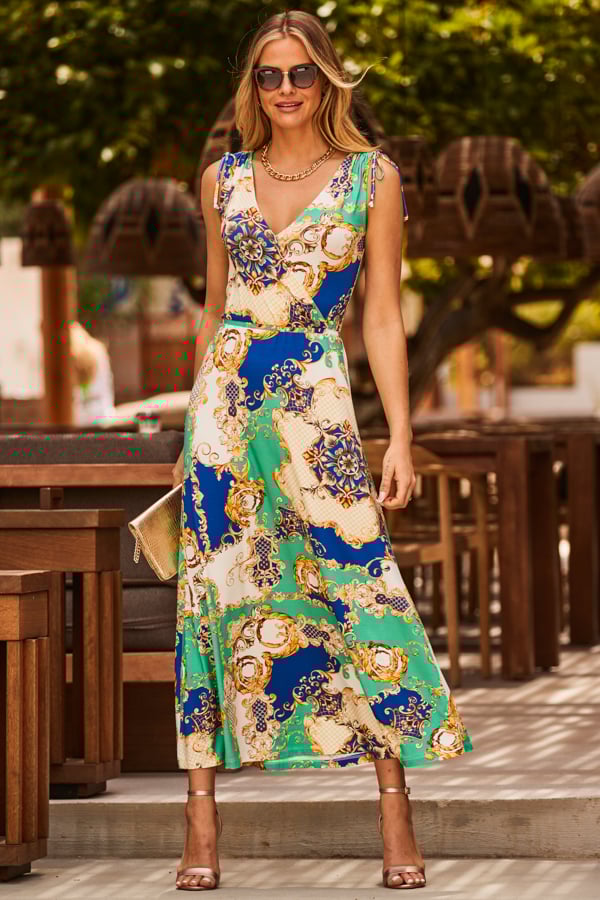 Green Multi Print Tie Shoulder Maxi Jersey Dress