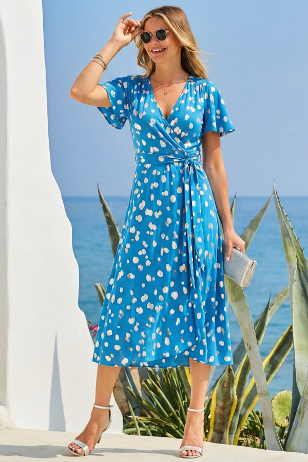 Aqua Blue Metallic Spot Print Wrap Dress