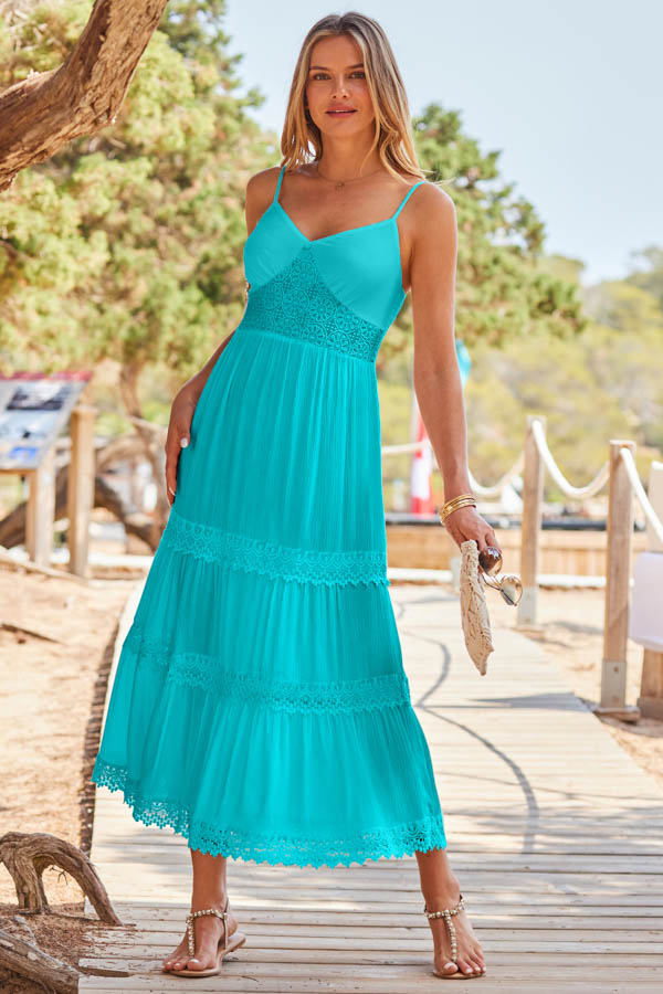 white christmas dresses Light Blue Crochet Top Maxi Dress With Open Back and Frayed Hem