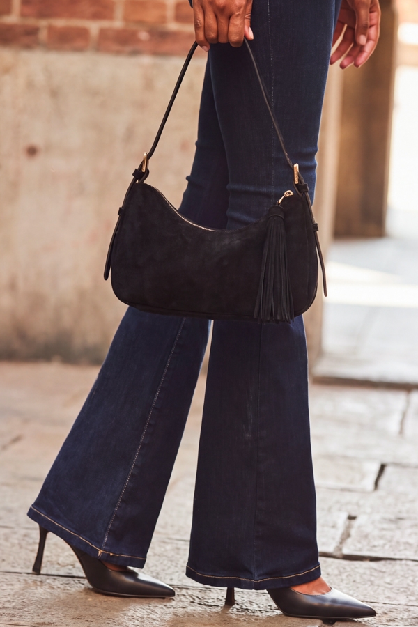 Black Faux Suede Tassel Detail Shoulder Bag