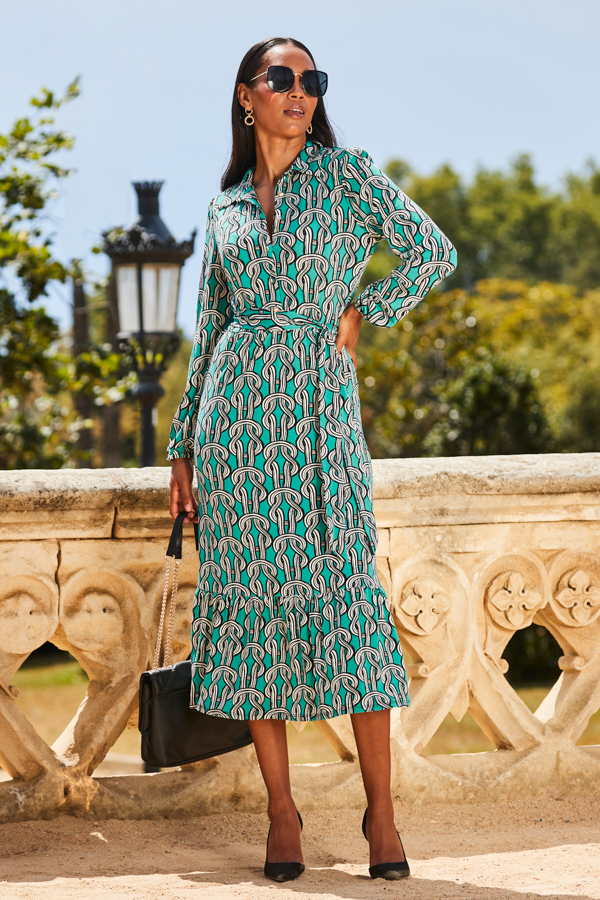 Green Chain Print Jersey Ruffle Hem Midi Shirt Dress