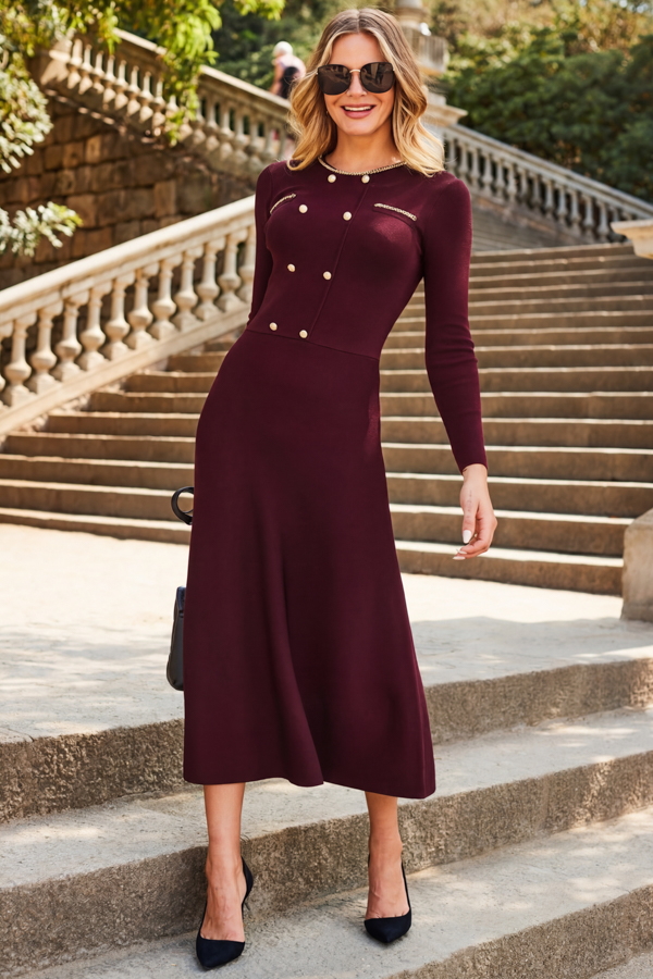 Burgundy Button & Chain Detail Fit & Flare Knitted Dress