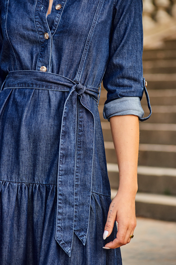 knee length dresses for ladies Tiered Denim Midi Dress – Modern Millie main image 0