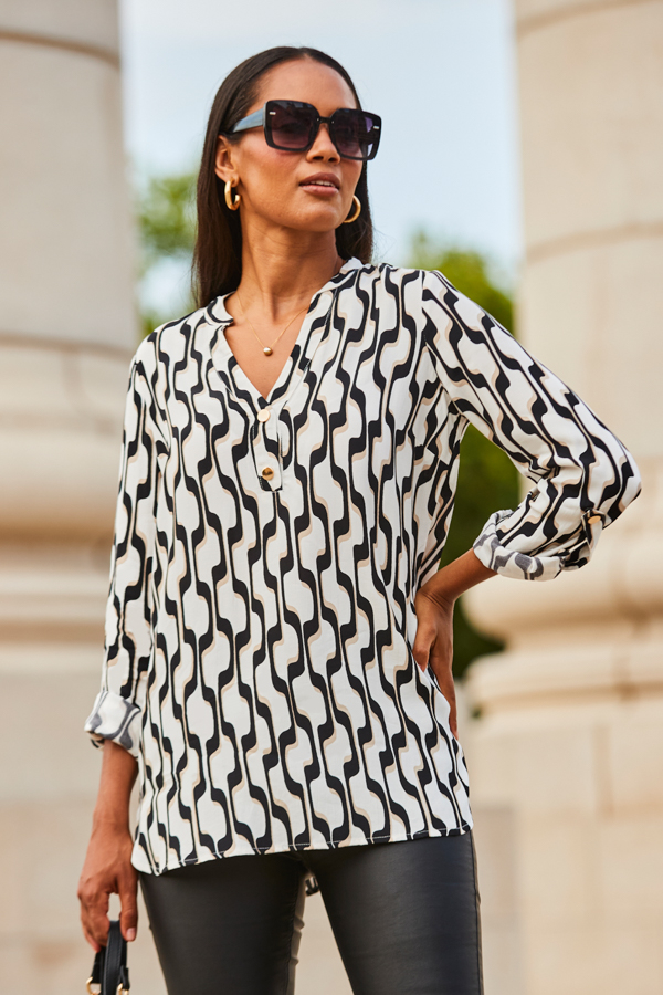 White & Black Geometric Print Button Detail Tunic Top