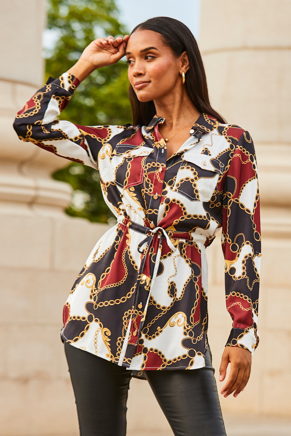 Black Multi Print Satin Utility Tie Waist Shirt