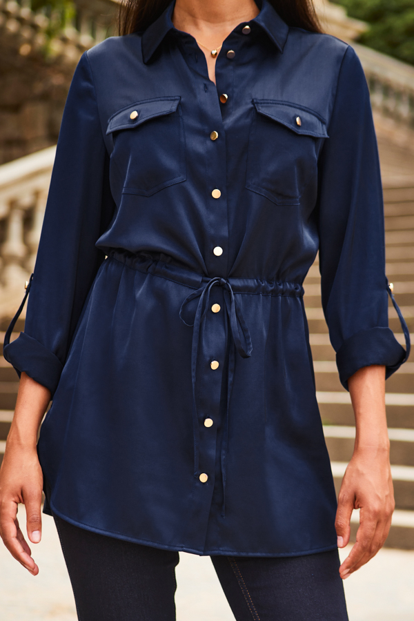 Navy Blue Satin Utility Tie Waist Shirt