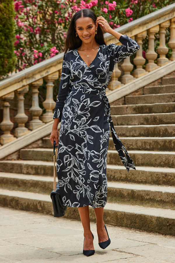 Black Floral Print Ruched Sleeve Midi Wrap Dress