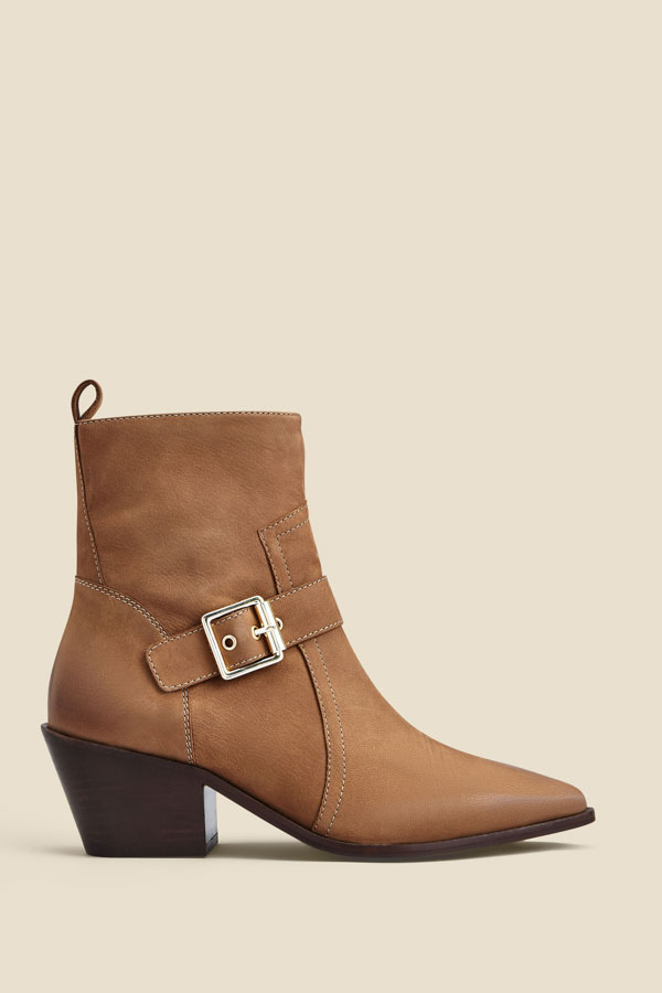 Taupe Leather Buckle Detail Western Ankle Boots