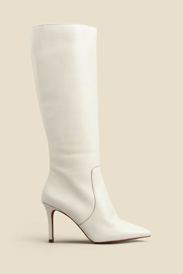 Ecru Leather Stiletto Heel Knee High Boots