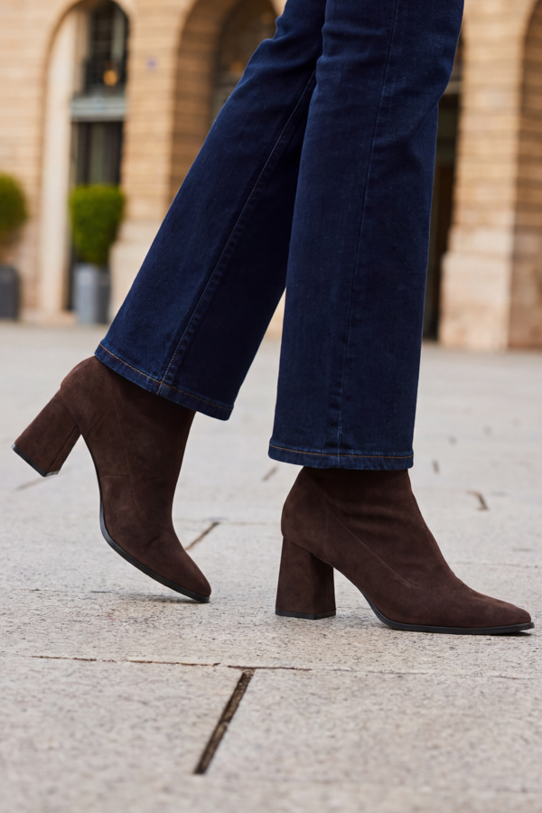 Chocolate Brown Faux Suede Block Heel Ankle Boots
