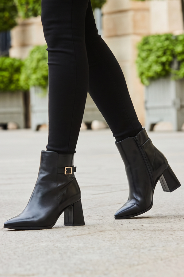 Black Block Heel Ankle Boots With Buckle Trim
