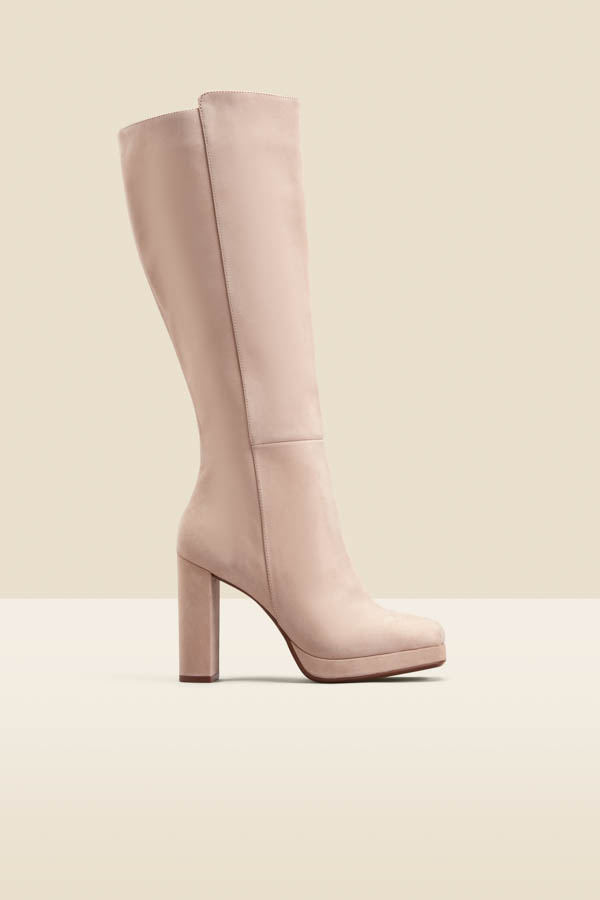 Taupe Nubuck Leather Block Heel Knee High Platform Boot